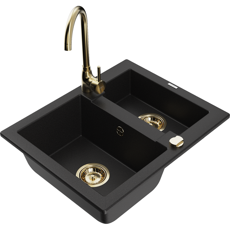 Mexen Carlos zlewozmywak granitowy 1,5-komorowy z baterią kuchenną Telma, czarny - 6518-77-670200-50