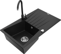 Mexen Cesar zlewozmywak granitowy 1-komorowy z ociekaczem i baterią kuchenną Telma, czarny - 6514-77-670200-70