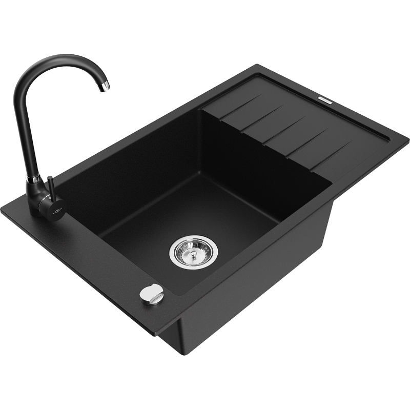 Mexen Elias zlewozmywak granitowy 1-komorowy z ociekaczem i baterią kuchenną Telma, czarny - 6511-77-670200-70