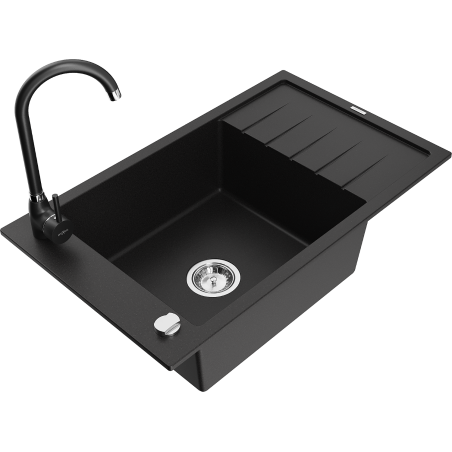 Mexen Elias zlewozmywak granitowy 1-komorowy z ociekaczem i baterią kuchenną Telma, czarny - 6511-77-670200-70