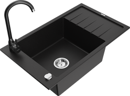 Mexen Elias zlewozmywak granitowy 1-komorowy z ociekaczem i baterią kuchenną Telma, czarny - 6511-77-670200-70