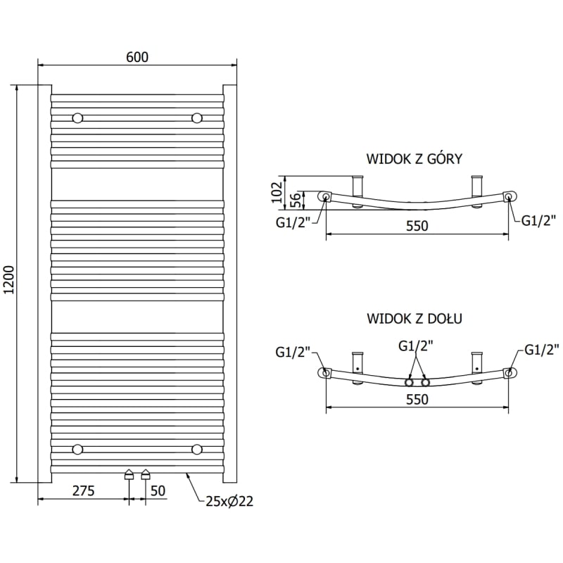 Mexen Ares grzejnik łazienkowy 1200 x 600 mm, 490 W, złoty szczotkowany - W102-1200-600-00-55