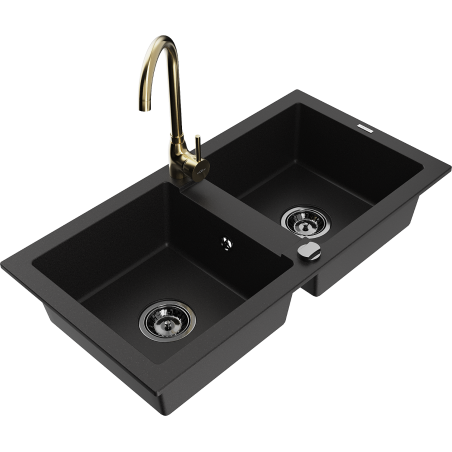 Mexen Mario zlewozmywak granitowy 2-komorowy z baterią kuchenną Telma, czarny - 6504-77-670200-50-B