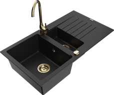 Mexen Matias zlewozmywak granitowy 1,5-komorowy z ociekaczem i baterią kuchenną Telma, czarny - 6502-77-670200-50