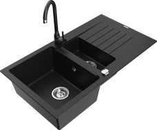 Mexen Matias zlewozmywak granitowy 1,5-komorowy z ociekaczem i baterią kuchenną Telma, czarny - 6502-77-670200-70