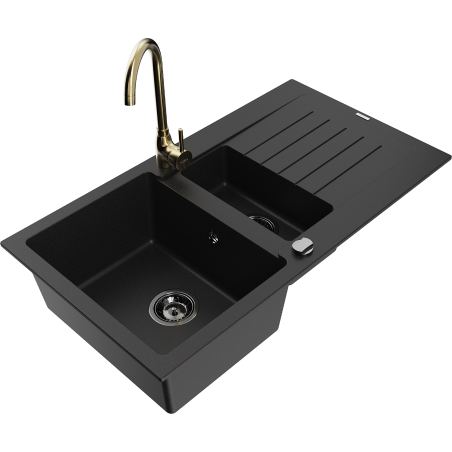 Mexen Matias zlewozmywak granitowy 1,5-komorowy z ociekaczem i baterią kuchenną Telma, czarny - 6502-77-670200-50-B