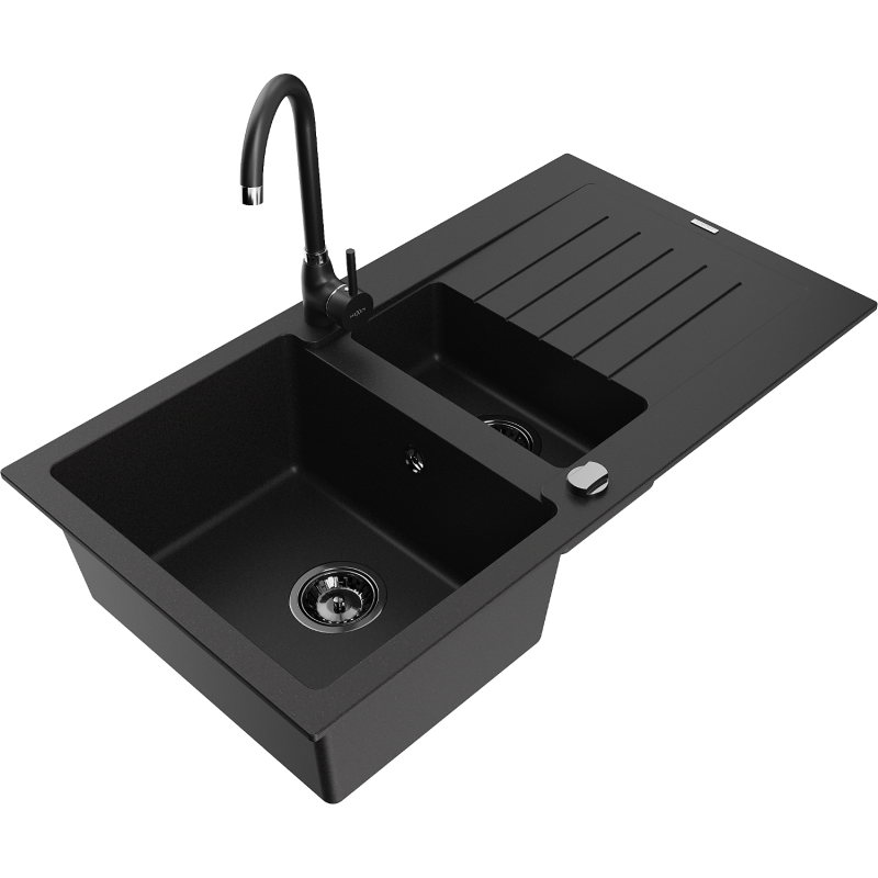 Mexen Matias zlewozmywak granitowy 1,5-komorowy z ociekaczem i baterią kuchenną Telma, czarny - 6502-77-670200-70-B