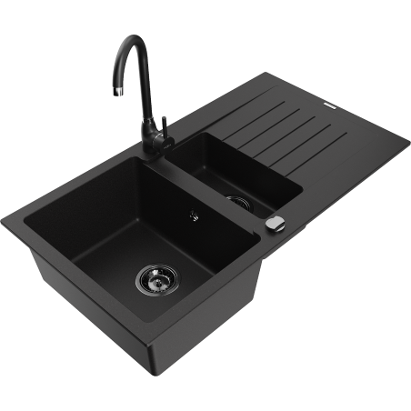 Mexen Matias zlewozmywak granitowy 1,5-komorowy z ociekaczem i baterią kuchenną Telma, czarny - 6502-77-670200-70-B