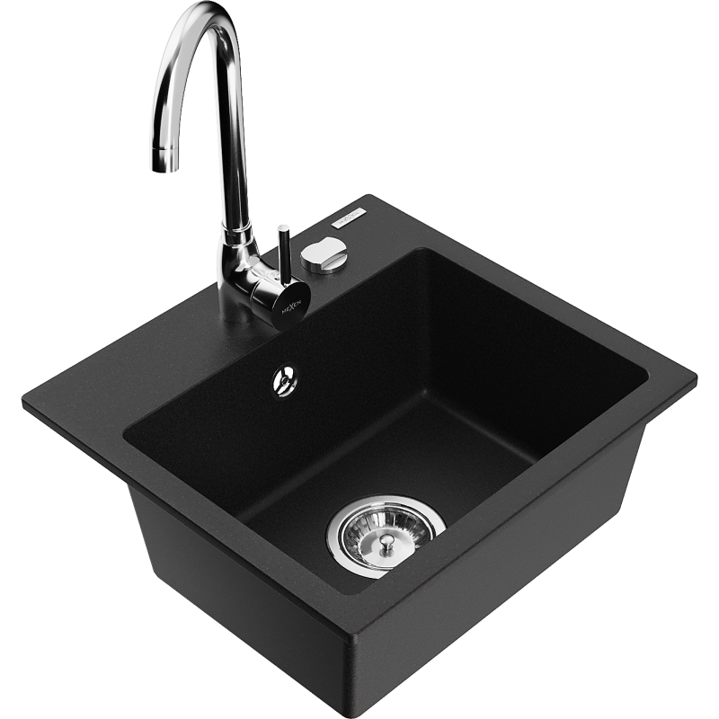 Mexen Milo zlewozmywak granitowy 1-komorowy z baterią kuchenną Telma, czarny - 6505-77-670200-00