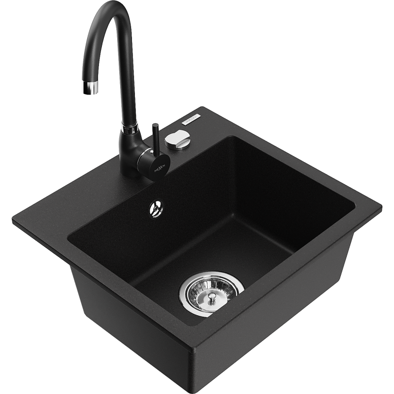 Mexen Milo zlewozmywak granitowy 1-komorowy z baterią kuchenną Telma, czarny - 6505-77-670200-70