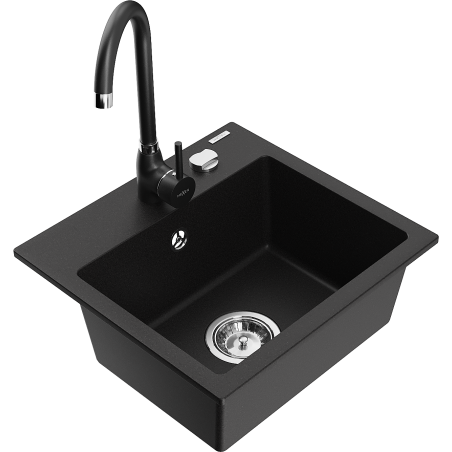 Mexen Milo zlewozmywak granitowy 1-komorowy z baterią kuchenną Telma, czarny - 6505-77-670200-70