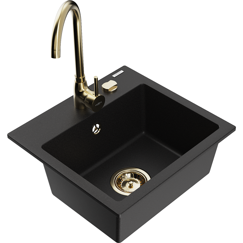 Mexen Milo zlewozmywak granitowy 1-komorowy z baterią kuchenną Telma, czarny - 6505-77-670200-50