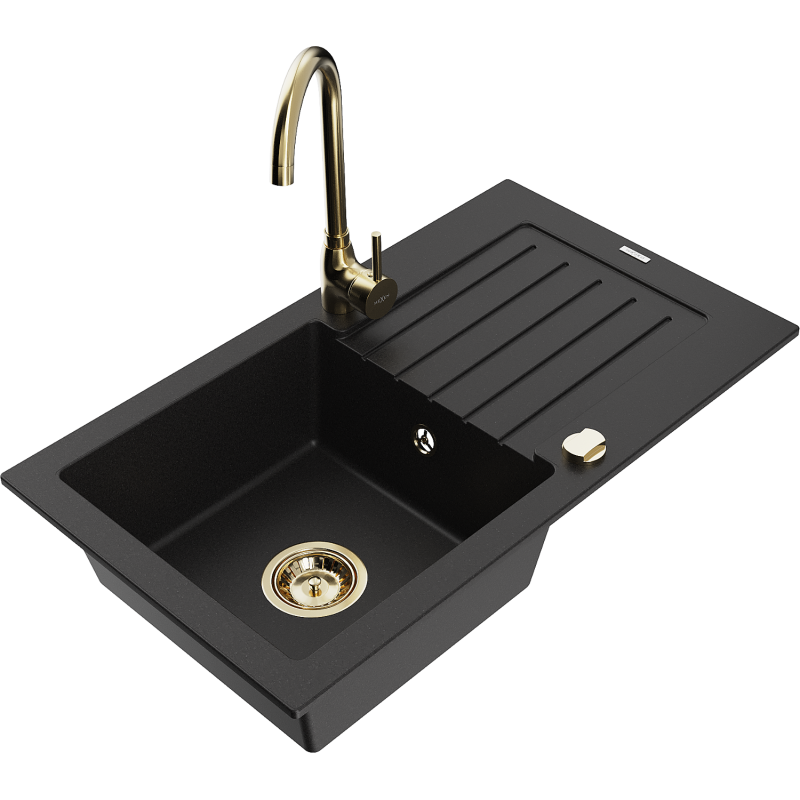 Mexen Pablo zlewozmywak granitowy 1-komorowy z ociekaczem i baterią kuchenną Telma, czarny - 6510-77-670200-50