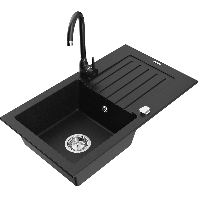 Mexen Pablo zlewozmywak granitowy 1-komorowy z ociekaczem i baterią kuchenną Telma, czarny - 6510-77-670200-70