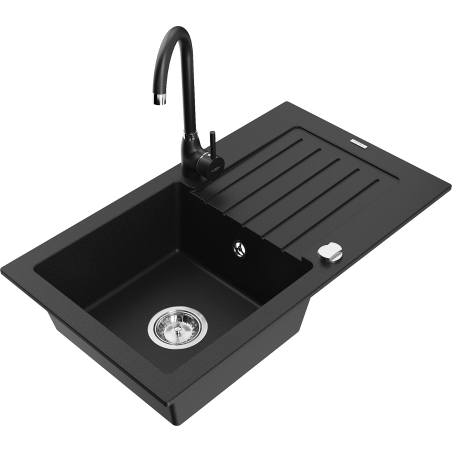 Mexen Pablo zlewozmywak granitowy 1-komorowy z ociekaczem i baterią kuchenną Telma, czarny - 6510-77-670200-70