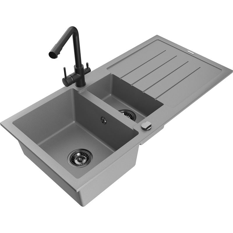 Mexen Andres zlewozmywak granitowy 1,5-komorowy z ociekaczem i baterią kuchenną Duero, szary - 6515-71-671600-70-B
