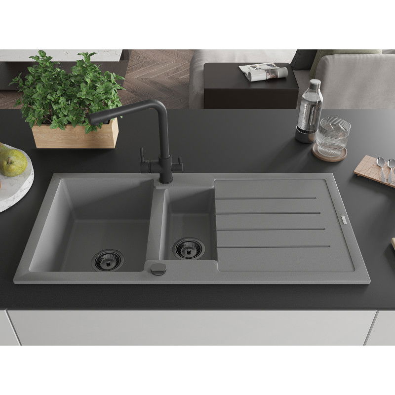 Mexen Andres zlewozmywak granitowy 1,5-komorowy z ociekaczem i baterią kuchenną Duero, szary - 6515-71-671600-70-B