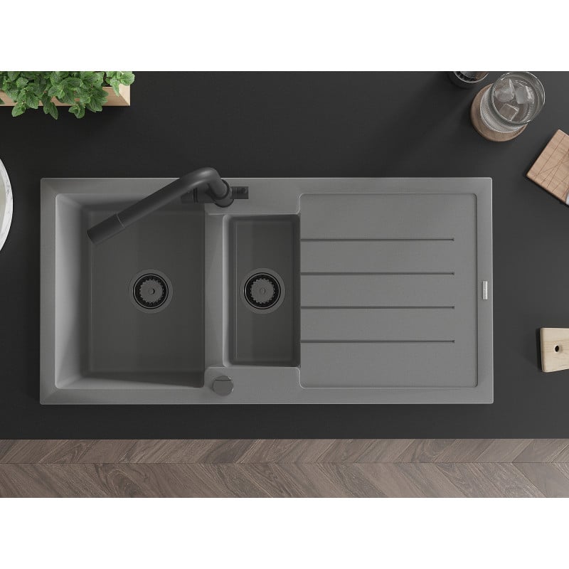 Mexen Andres zlewozmywak granitowy 1,5-komorowy z ociekaczem i baterią kuchenną Duero, szary - 6515-71-671600-70-B