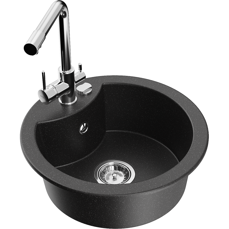 Mexen Diego zlewozmywak granitowy 1-komorowy z baterią kuchenną Duero, czarny/srebrny metalik - 6512-73-671600-00