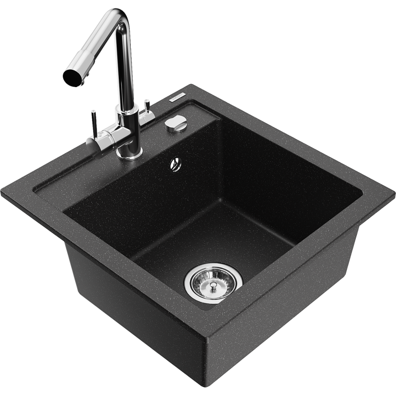Mexen Vito zlewozmywak granitowy 1-komorowy z baterią kuchenną Duero, czarny/srebrny metalik - 6503-73-671600-00