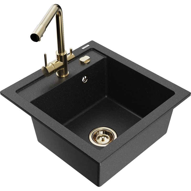 Mexen Vito zlewozmywak granitowy 1-komorowy z baterią kuchenną Duero, czarny/srebrny metalik - 6503-73-671600-50