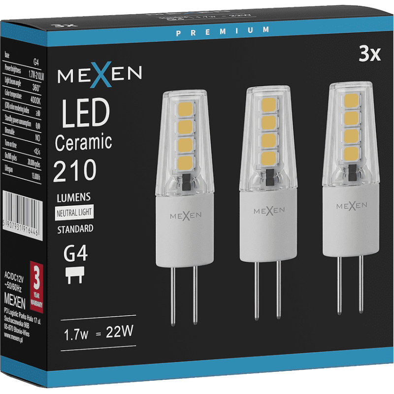 Mexen Oris 3x żarówka LED G4, 1,7W, Neutralna - 4000K, 210 lm - L115-G4-0140-02x03