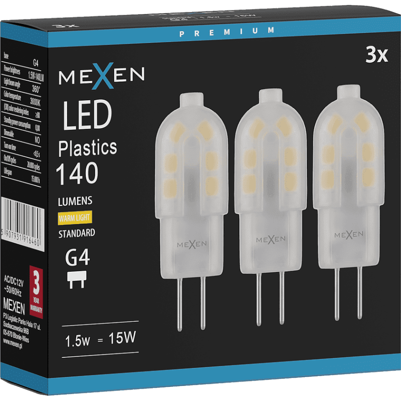 Mexen Oris 3x żarówka LED G4, 1,5W, Ciepła - 3000K, 140 lm - L115-G4-0130-03x03