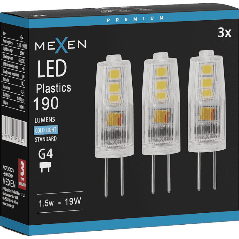 Mexen Oris 3x żarówka LED G4, 1,5W, Zimna - 6500K, 190 lm - L115-G4-0165-01x03