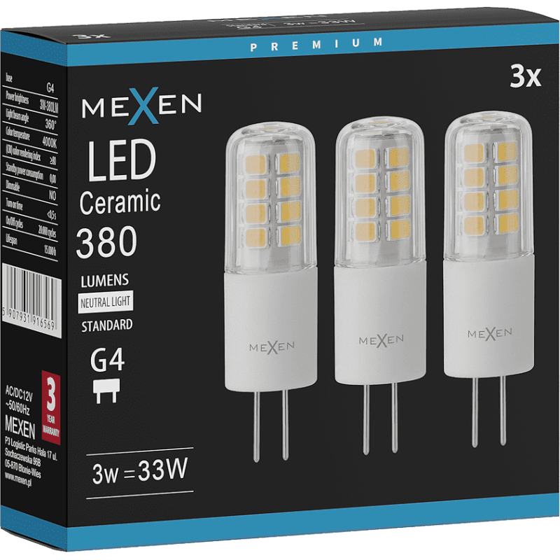 Mexen Oris 3x żarówka LED G4, 3W, Neutralna - 4000K, 380 lm - L115-G4-0340-01x03