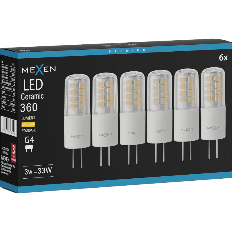 Mexen Oris 6x żarówka LED G4, 3W, Ciepła - 3000K, 360 lm - L115-G4-0330-01x06