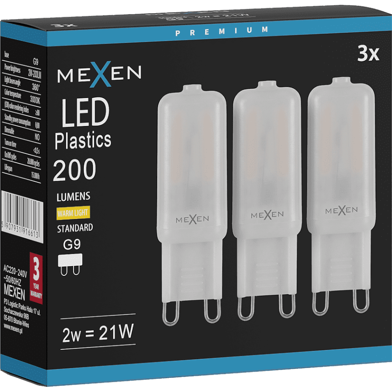 Mexen Aura 3x żarówka LED G9, 2W, Ciepła - 3000K, 200 lm - L120-G9-0230-01x03