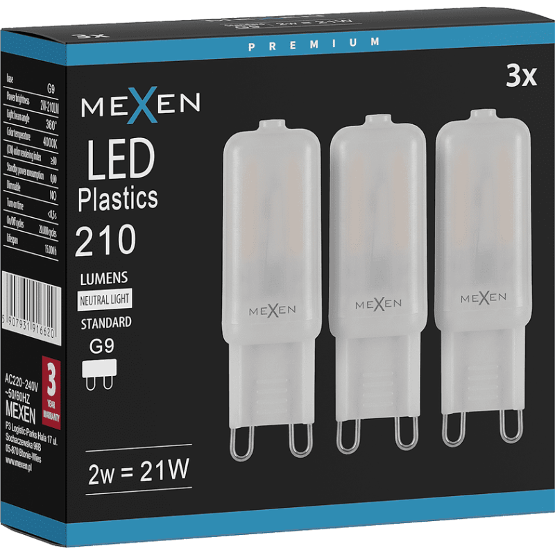 Mexen Aura 3x żarówka LED G9, 2W, Neutralna - 4000K, 210 lm - L120-G9-0240-01x03