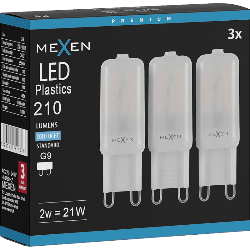 Mexen Aura 3x żarówka LED G9, 2W, Zimna - 6500K, 210 lm - L120-G9-0265-01x03