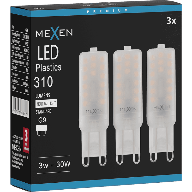 Mexen Aura 3x żarówka LED G9, 3W, Neutralna - 4000K, 310 lm - L120-G9-0340-01x03