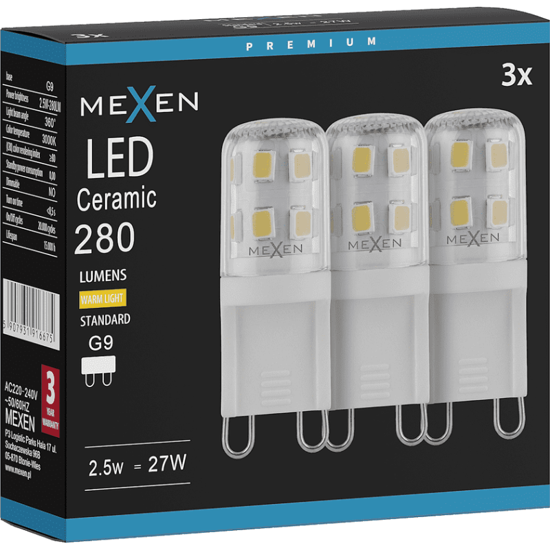 Mexen Aura 3x żarówka LED G9, 2,5W, Ciepła - 3000K, 280 lm - L121-G9-0230-01x03