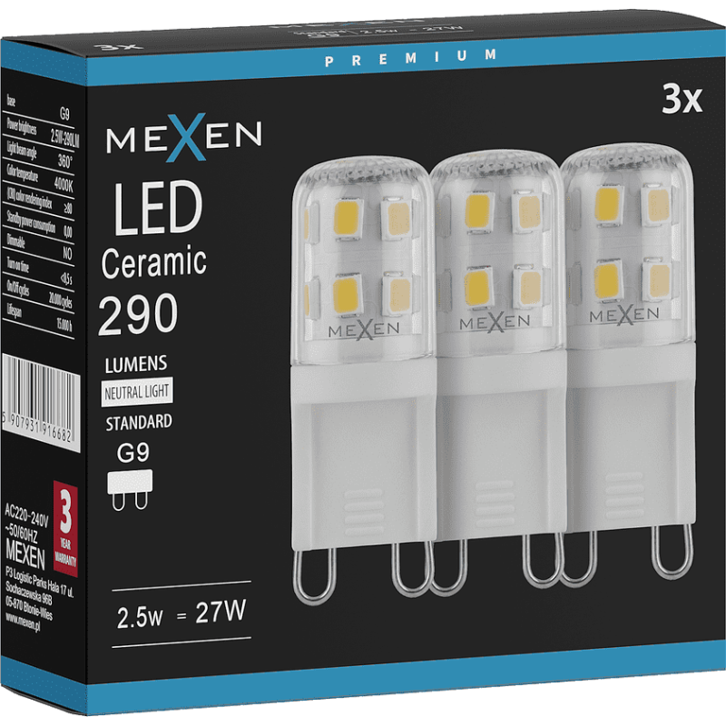 Mexen Aura 3x żarówka LED G9, 2,5W, Neutralna - 4000K, 290 lm - L121-G9-0240-01x03
