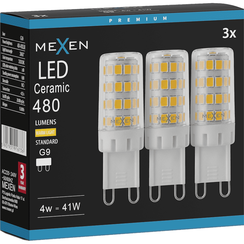 Mexen Aura 3x żarówka LED G9, 4W, Ciepła - 3000K, 480 lm - L121-G9-0430-01x03