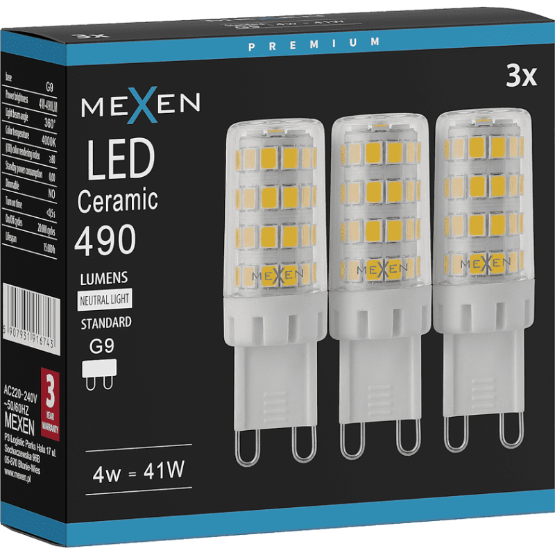 Mexen Aura 3x żarówka LED G9, 4W, Neutralna - 4000K, 490 lm - L121-G9-0440-01x03