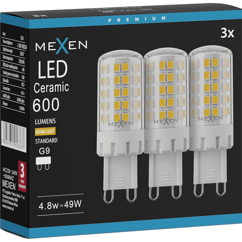 Mexen Aura 3x żarówka LED G9, 4,8W, Ciepła - 3000K, 600 lm - L121-G9-0530-01x03