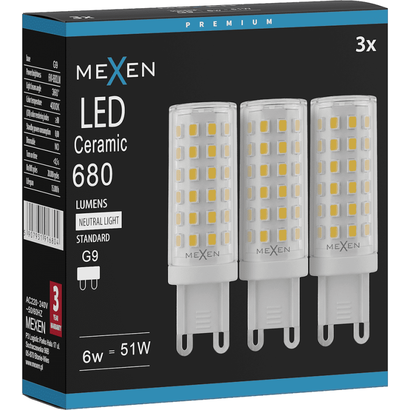 Mexen Aura 3x żarówka LED G9, 6W, Neutralna - 4000K, 680 lm - L121-G9-0640-01x03