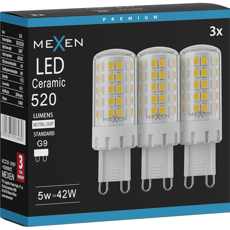 Mexen Aura 3x żarówka LED ściemnialna G9, 5W, Neutralna - 4000K, 520 lm - L122-G9-0540-01x03