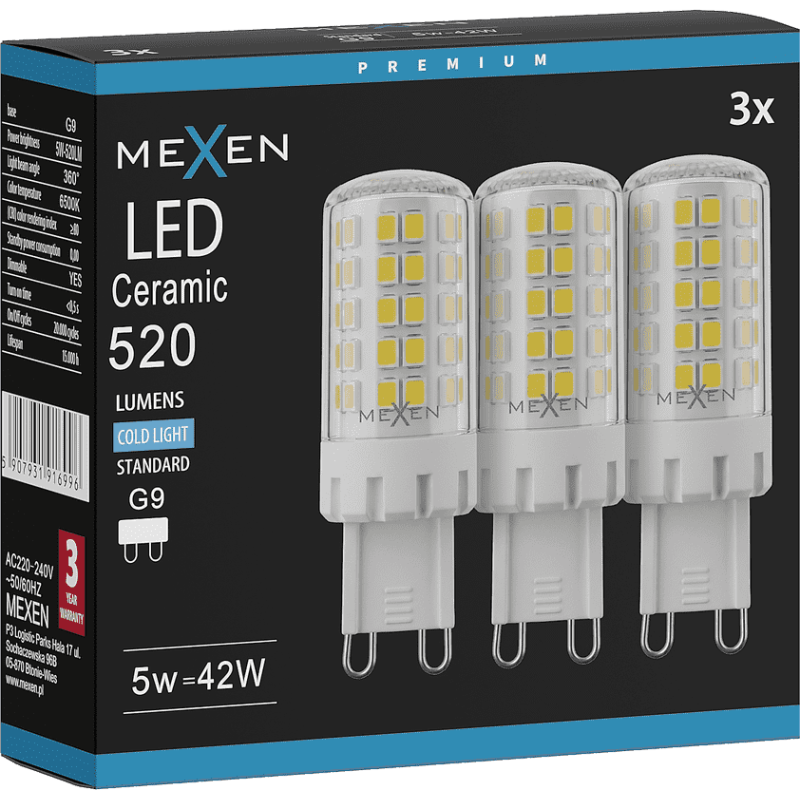 Mexen Aura 3x żarówka LED ściemnialna G9, 5W, Zimna - 6500K, 520 lm - L122-G9-0565-01x03