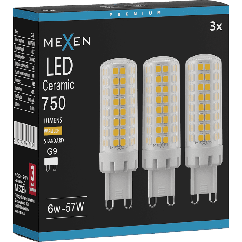 Mexen Aura 3x żarówka LED ściemnialna G9, 6W, Ciepła - 3000K, 750 lm - L122-G9-0630-01x03