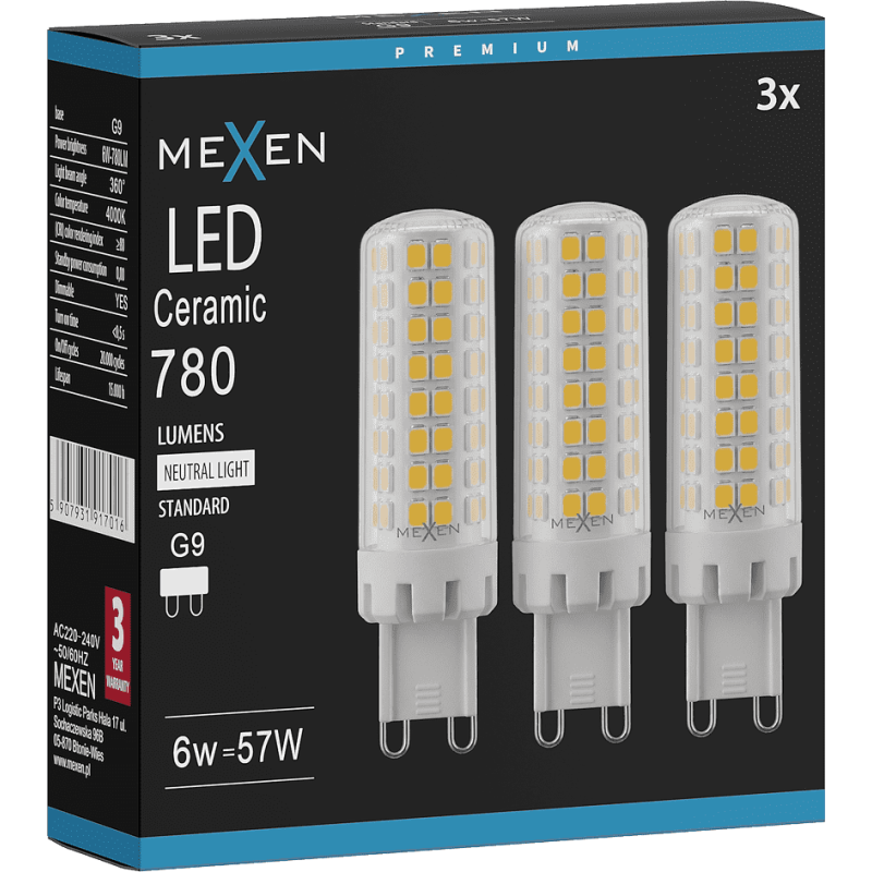 Mexen Aura 3x żarówka LED ściemnialna G9, 6W, Neutralna - 4000K, 780 lm - L122-G9-0640-01x03