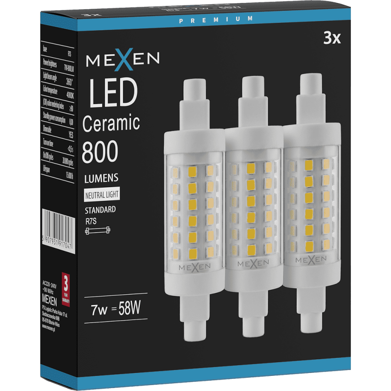 Mexen Vega 3x żarówka LED ściemnialna R7S, 7W, Neutralna - 4000K, 800 lm - L125-R7S-0740-01x03