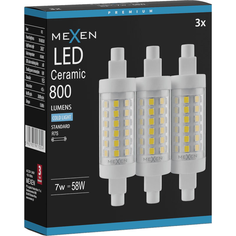 Mexen Vega 3x żarówka LED ściemnialna R7S, 7W, Zimna - 6500K, 800 lm - L125-R7S-0765-01x03