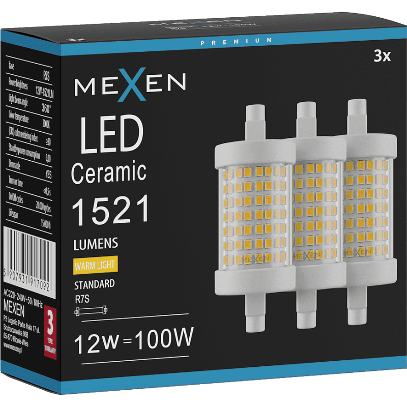 Mexen Vega 3x żarówka LED ściemnialna R7S, 12W, Ciepła - 3000K, 1521 lm - L125-R7S-1230-01x03