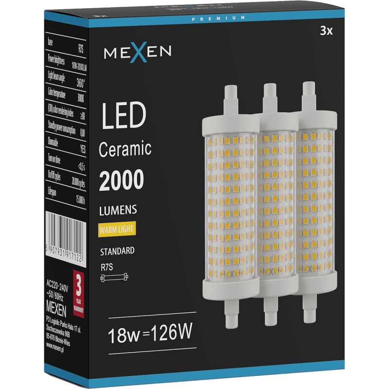 Mexen Vega 3x żarówka LED ściemnialna R7S, 18W, Ciepła - 3000K, 2000 lm - L125-R7S-1830-02x03
