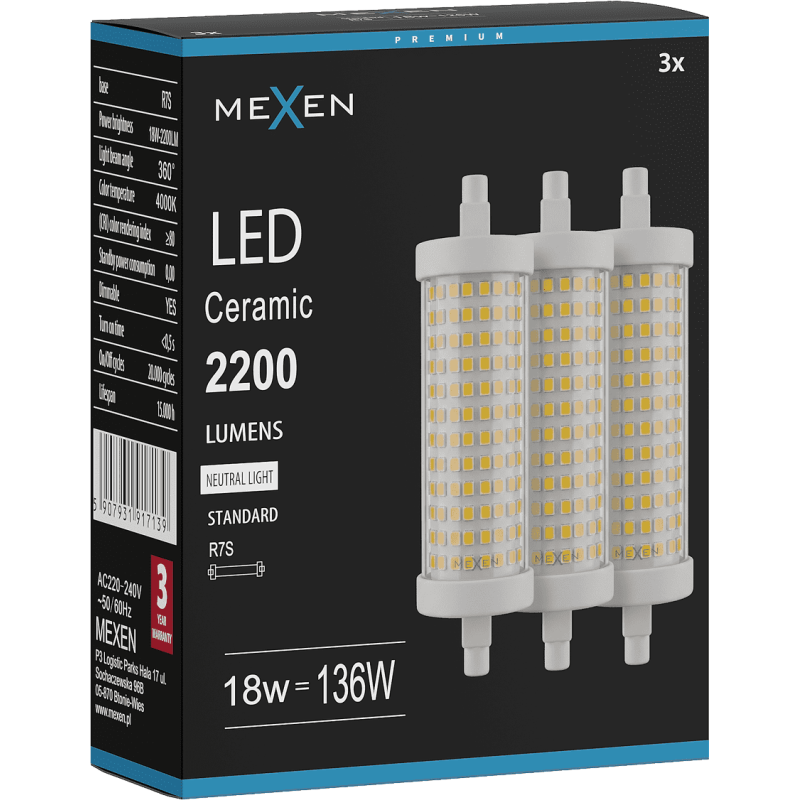 Mexen Vega 3x żarówka LED ściemnialna R7S, 18W, Neutralna - 4000K, 2200 lm - L125-R7S-1840-02x03