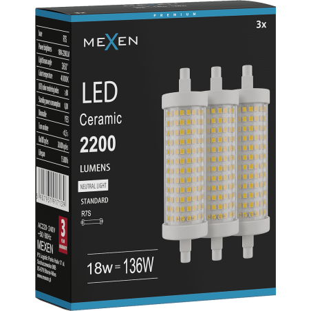 Mexen Vega 3x żarówka LED ściemnialna R7S, 18W, Neutralna - 4000K, 2200 lm - L125-R7S-1840-02x03